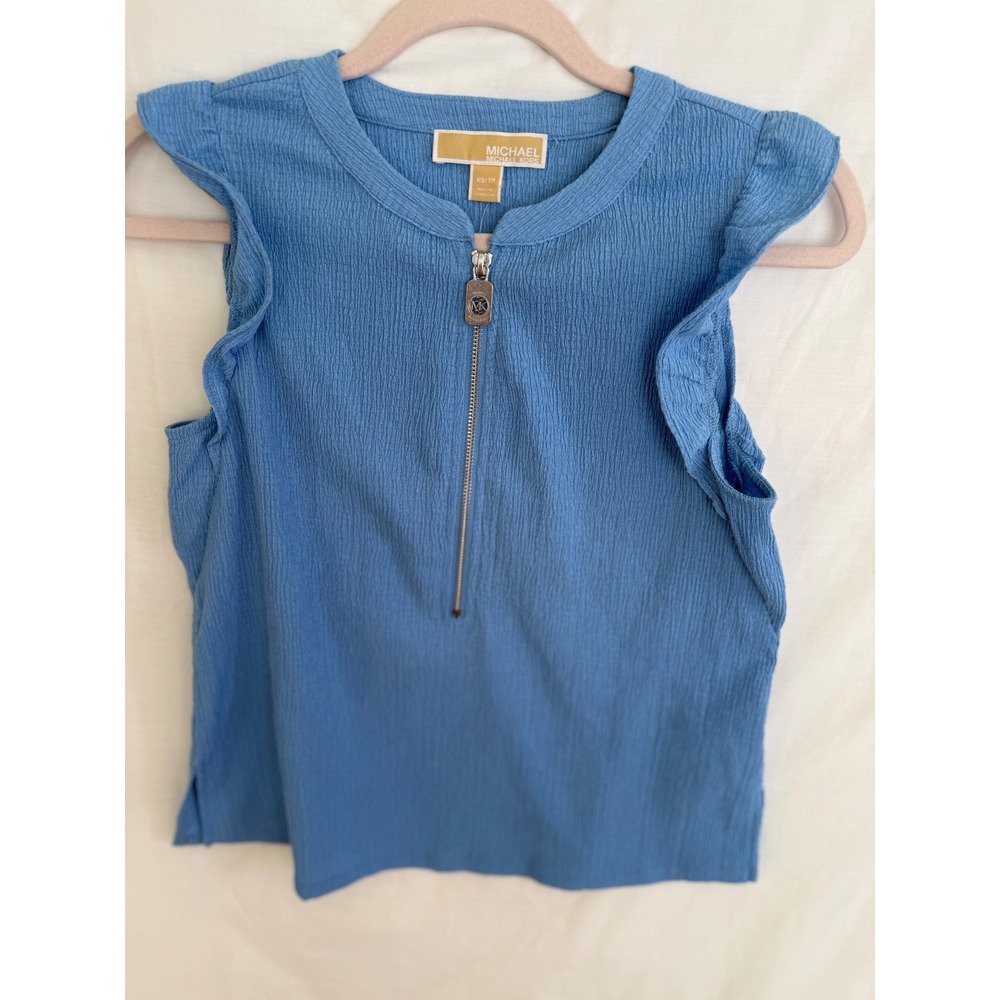 Michael Kors Ruffle Top Women XS Blue NWT Zip Front Textured Sleeveless Blouse